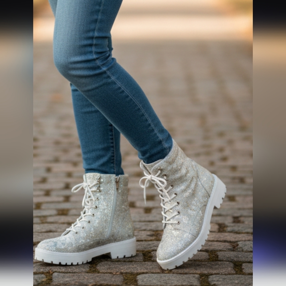 Gianni Bini Beige Balynne Glitzy Leopard  Print Sparkle Textile Combat Boots-8.5